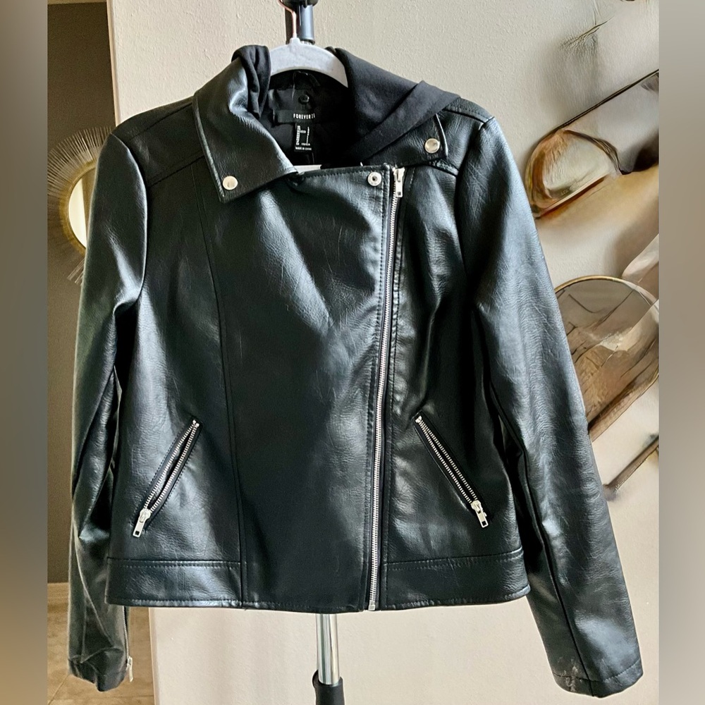 Forever 21 Black Leather Jacket Asymmetrical Zipper Quilted Details
